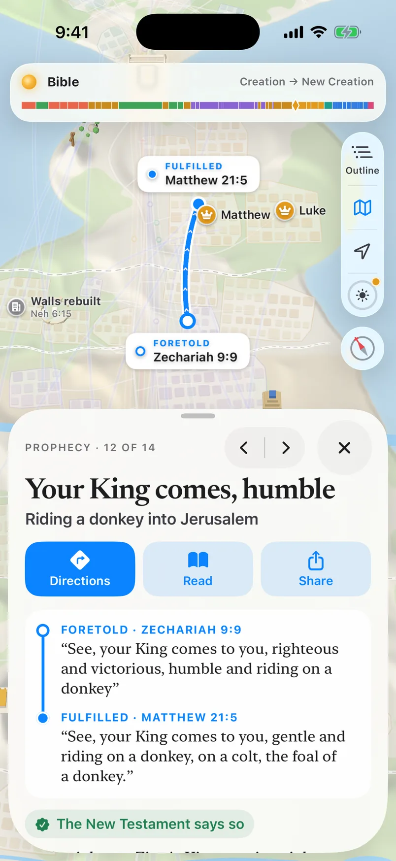 Your King comes, humble, in the app: its line drawn bold from Zechariah 9:9 to Matthew 21:5, and its card, Riding a donkey into Jerusalem.