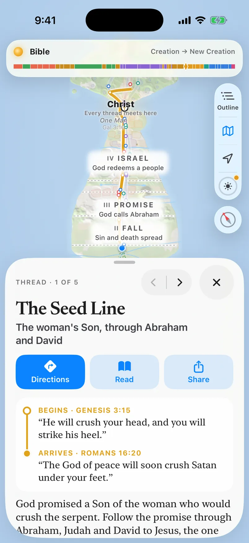 The Seed Line tapped in the app: the gold line runs bold up the map to Christ, and its card shows where it begins, Genesis 3:15, and where it arrives, Romans 16:20, with Directions, Read and Share.