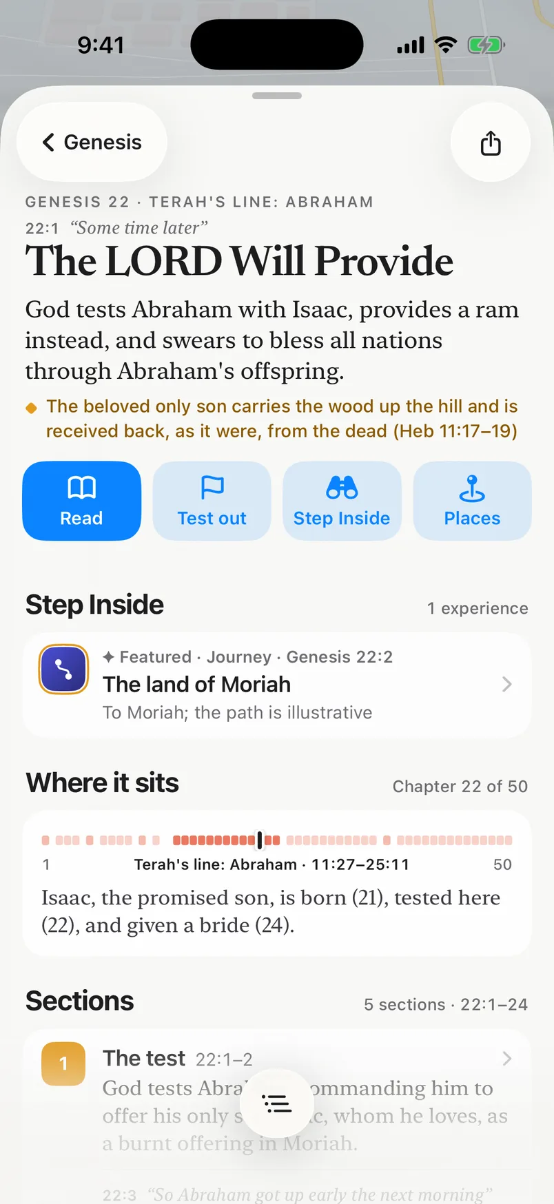 The chapter card for Genesis 22 in the app: The LORD Will Provide, its summary, its line to Christ, the Read, Test out, Step Inside and Places buttons, and where the chapter sits in Genesis.