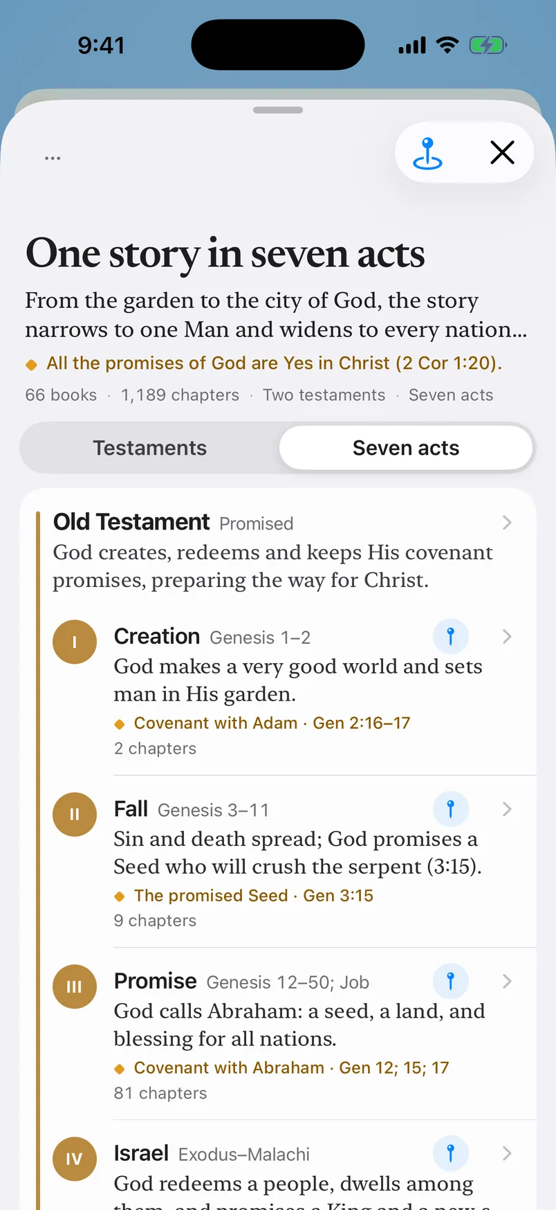 The Outline in the app for the whole Bible, on Seven acts: One story in seven acts, with the Old Testament, promised, and its acts Creation, Fall, Promise and Israel, each with its chapters and its covenant.