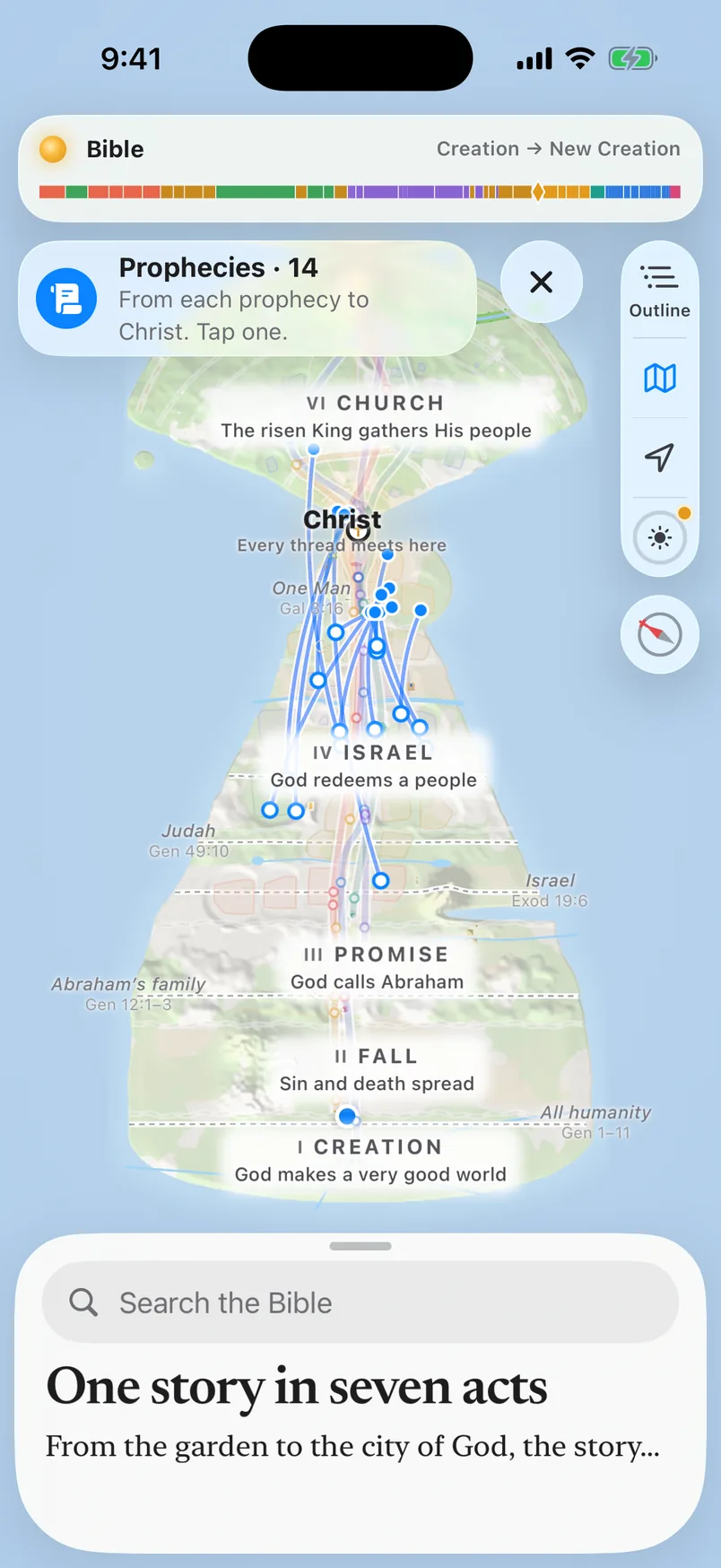 The whole map in the app with Prophecies on: 14 prophecies, each drawn as a blue line from where it is foretold to where it is fulfilled.