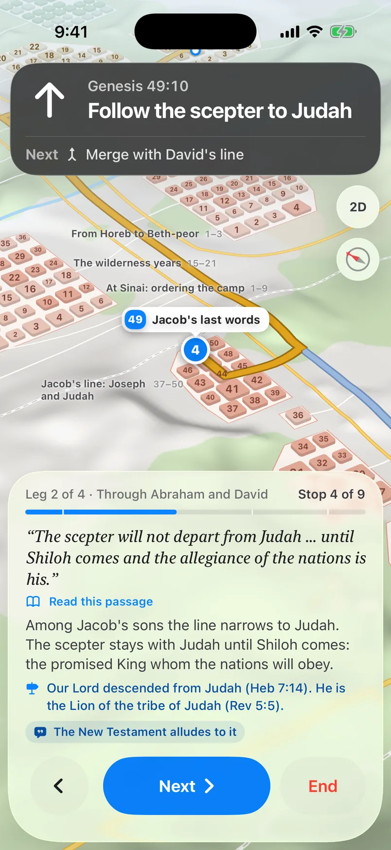 Walking the Seed Line in the app: Genesis 49:10, Follow the scepter to Judah, drawn in gold on the map, at leg 2 of 4 and stop 4 of 9, with the verse, what it means and Next.